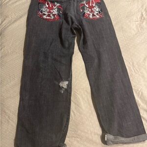 Men's Black Jeans with Red Embroidery
